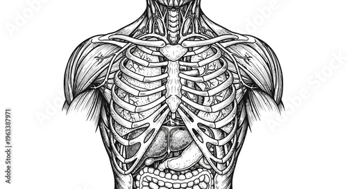 Human Skeleton Ribcage and Torso Anatomy.