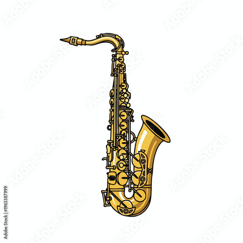 Golden brass instrument with a curved neck, bell, keys, and mouthpiece