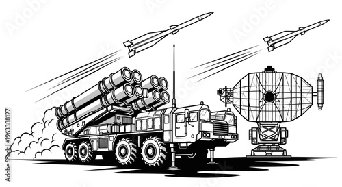 Large military truck with missile launcher.