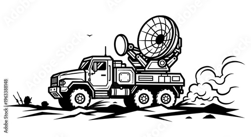 Large truck with satellite dish antenna.