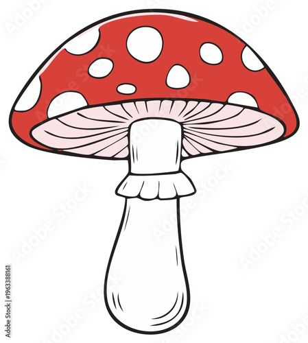 Whimsical cartoon red toadstool mushroom with white polka dots and delicate gills