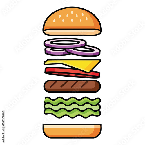 Illustration of a disassembled burger with layers, isolated on a white background
