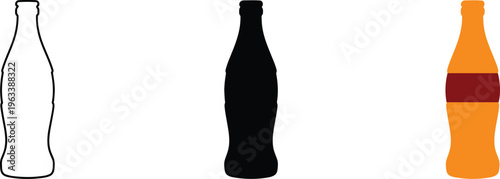 Glass soda bottle icon set with outline silhouette and orange beverage design for refreshment drink and