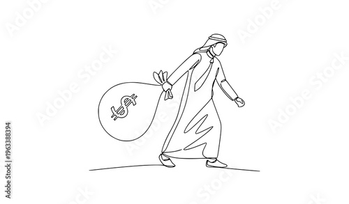 One line Arabian businessman dragging money bag finance success concept vector illustration isolated on white background