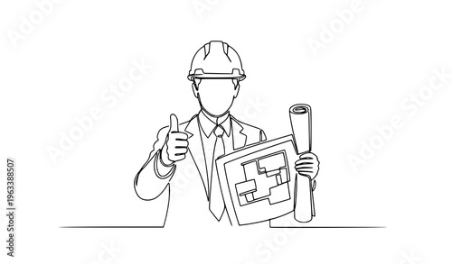 Minimal continuous line architect blueprint thumbs up construction success vector illustration isolated on white background