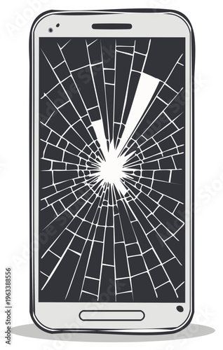 Hand Drawn Smartphone with Broken Cracked Screen Display Damage Accident Illustration