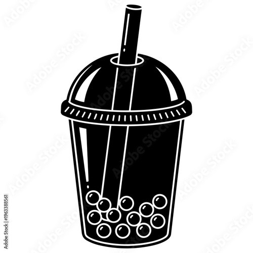 A black and white drawing of a bubble tea cup isolated on transparent background, Vector