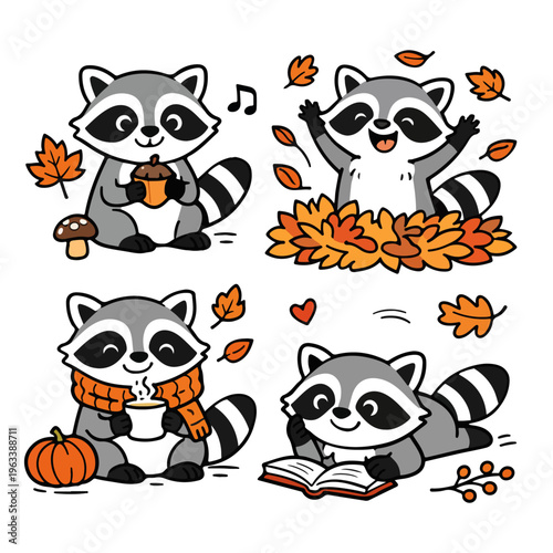set of four cute raccoons