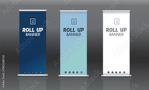 Agency stands roll up banner design stands template. Editable roll-up banner vector template. Three colors banner layout Mockup, advertisement, pull up, polygon background, Vector illustration