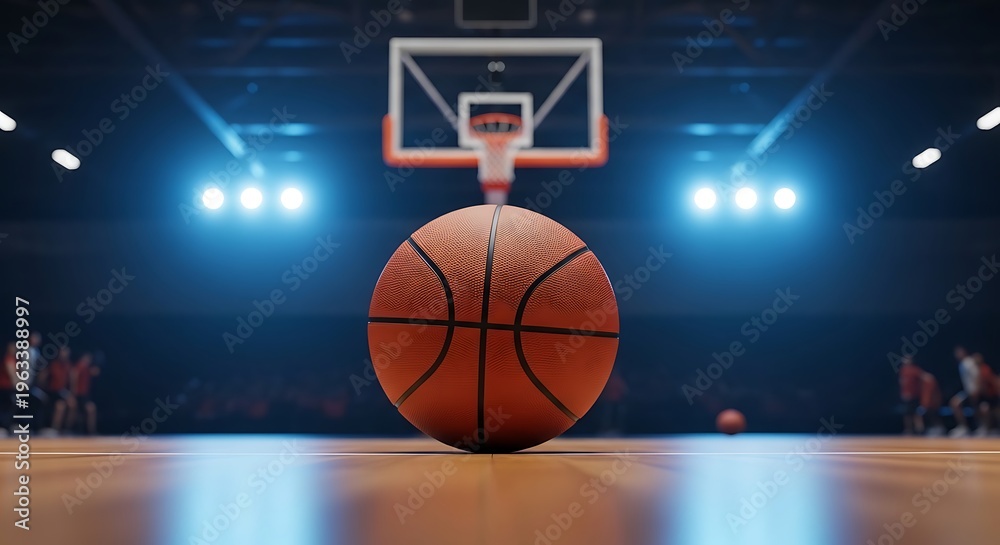 Obraz premium A basketball on a court with a hoop in the background