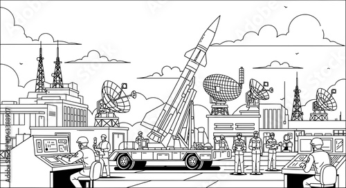 Rocket on a launch pad being prepared.