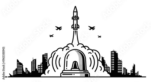 Rocket Ship Launching into Sky.