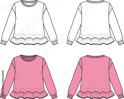 Set of women long sleeve sweaters with ruffle hem detail front and back views casual fashion illustration isolated on clean background