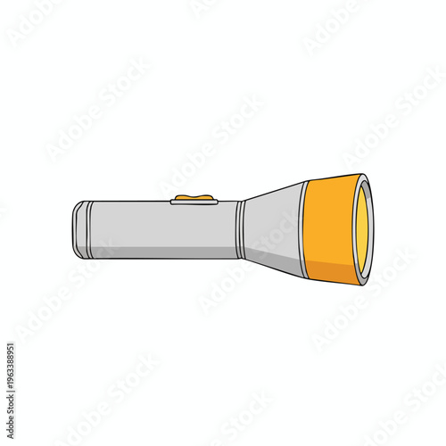 A simple, gray cylindrical flashlight with an orange reflector and orange switch