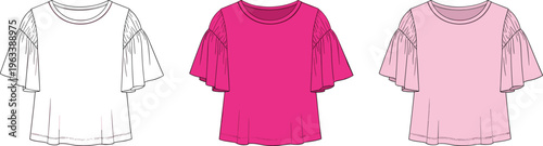 Set of women ruffle sleeve tops in white pink and blush colors casual fashion apparel illustration isolated on clean background