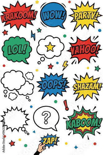 Web Comic Book Speech Bubbles Vector Set with Party Expressions and Pop Art Cloud Shapes Isolated on White Background