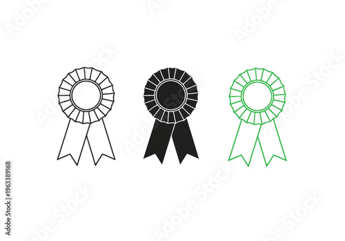 Award ribbons set: outline, black, and green rosette badges, award ribbon, first place