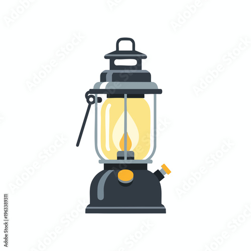A classic storm lantern with a lit flame inside, set against a white background