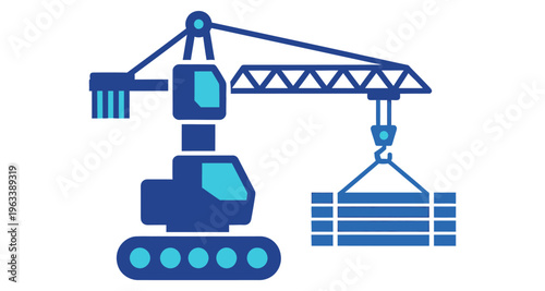 Blue Construction Crane Lifting Steel Beams Industrial Site Vector Illustration Flat Design