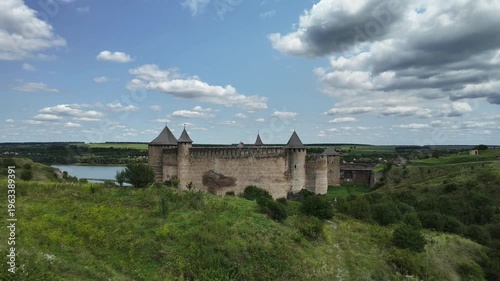 Static timelapse of Khotyn Fortress with clouds drifting above the castle. Medieval castle, popular tourist landmark in Ukraine.