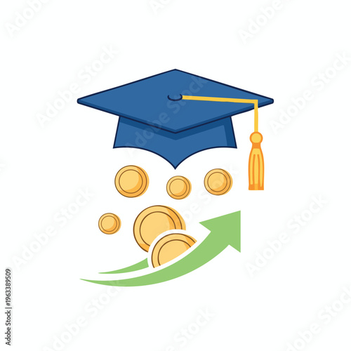 Graduation cap with coins and rising arrow, symbolizing financial growth
