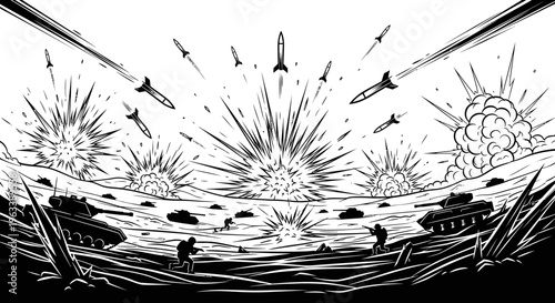 War Battle Scene with Explosions and Missiles.
