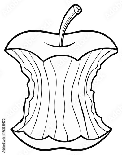 Outline illustration of apple core showing marks from biting and eating, monochrome.
