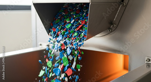 Plastic Recycling Process Colorful Shredded Materials Falling into Industrial Machine