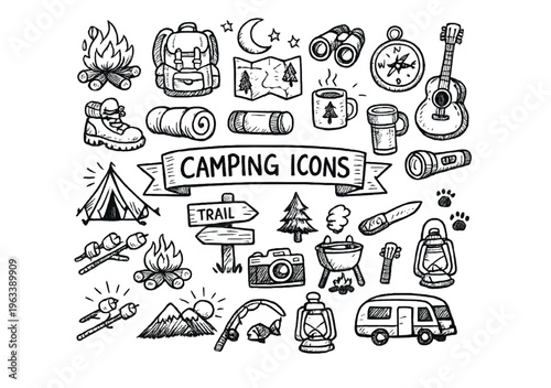 Camping icons set hand drawn doodle vector illustration