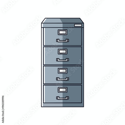 Metal filing cabinet with four drawers and handles, presented from the front