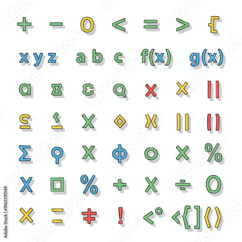 A grid of colorful math symbols and letters with shadows