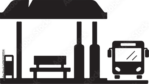 Black and white bus stop, vector illustration, transportation icon, travel symbol