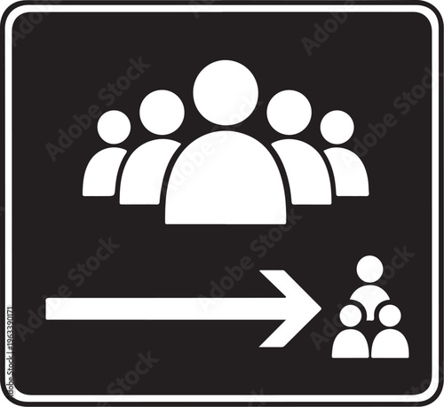 Team, group, people icons, directional sign, arrow, black and white