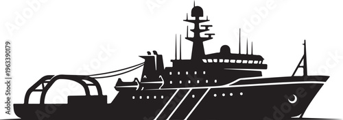 Black ship silhouette, ocean vessel icon, nautical graphic, vector illustration