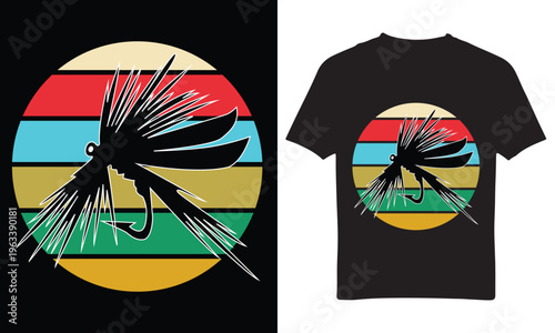 Vintage Fly Fishing Lure Silhouette on Retro Sunset Background Vector