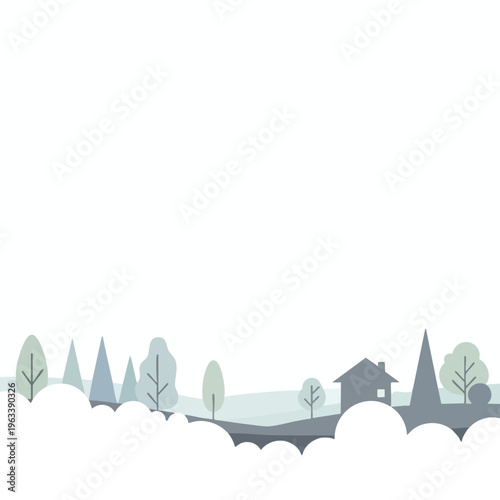 Minimalist silhouette of a house and trees in a soft, muted landscape