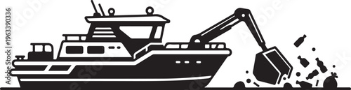 Black and white boat, excavator boat, dredging vessel, construction ship