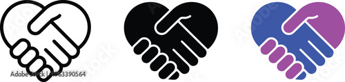 Heart handshake icons black outline solid black and blue purple on transparent background