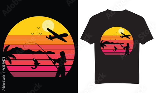 Fishing at Sunset Silhouette with Airplane Tropical Landscape Vector Illustration