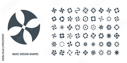 Abstract rotating geometric logo shapes, swirl pinwheel aperture icon collection with minimalist vector symbols isolated on white background for branding