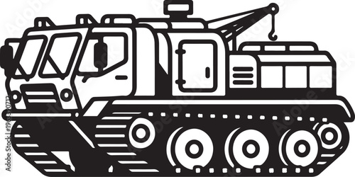 Industrial excavator, heavy machinery, construction vehicle, black and white vector