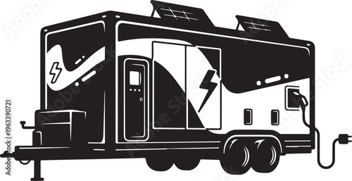 Electric RV, solar powered trailer, eco friendly camper, black and white vector