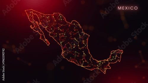 A dynamic motion video showcasing the Mexico country border through a colorful plexus reveal. Glowing red and orange dots represent high-tech data communication and global digital networks.