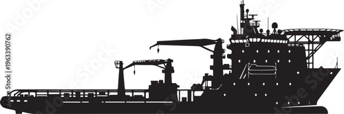 Industrial cargo ship, black silhouette, vector illustration, transportation icon, maritime symbol