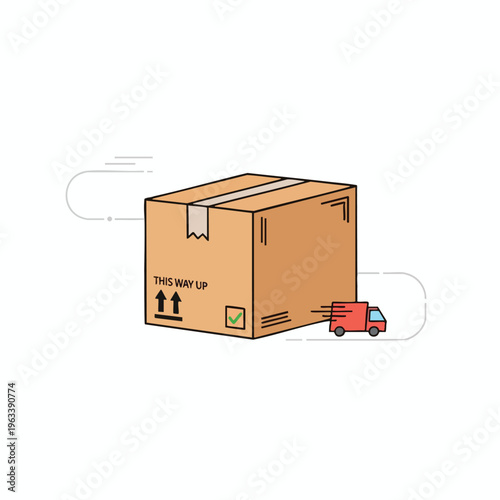 Cardboard box with shipping labels and small red truck in motion