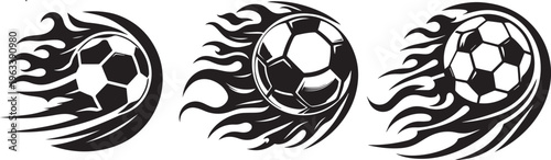 Dynamic flaming soccer ball set  vector illustration.