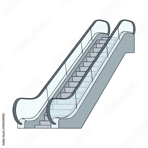 Two-tone, modern escalator with sleek glass panels and grey frame