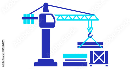 Construction Crane Lifting Shipping Crate and Materials Industrial Logistics Vector Art
