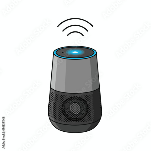 Cartoon image of a smart speaker with glowing blue light and wifi signal