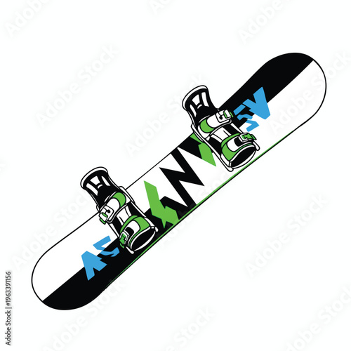 White snowboard with green, black, and blue accents and bindings